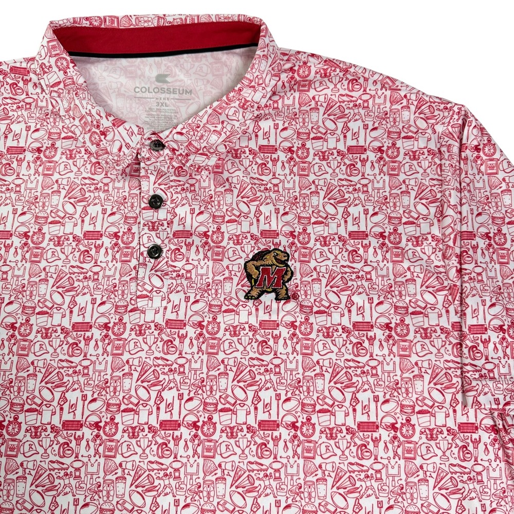 Colosseum Maryland Terrapins Mens 3XL Polo Shirt Football Doodle Print Red White